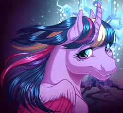 Size: 1280x1177 | Tagged: safe, artist:kittehkatbar, derpibooru import, twilight sparkle, twilight sparkle (alicorn), alicorn, pony, bust, female, hoers, mare, portrait, rainbow power, solo, windswept mane