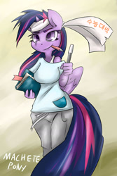 Size: 1280x1920 | Tagged: safe, artist:macheteponies, derpibooru import, twilight sparkle, twilight sparkle (alicorn), alicorn, anthro, book, clothes, headband, korean, pencil, solo