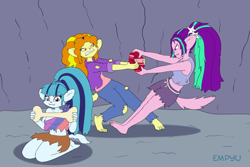 Size: 1000x667 | Tagged: safe, artist:empyu, adagio dazzle, aria blaze, sonata dusk, werewolf, equestria girls, belly button, bone, clothes, female, fight, halloween, holiday, midriff, smiling, the dazzlings