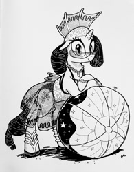 Size: 996x1280 | Tagged: safe, artist:docwario, rarity, pony, unicorn, beach ball, bikini, black and white, clothes, fin, grayscale, headdress, jewelry, leaning, looking at you, monochrome, necklace, raritober, see-through skirt, smiling, solo, sunglasses, swimsuit