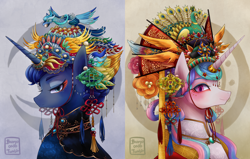 Size: 3000x1913 | Tagged: safe, artist:buryooooo, princess celestia, princess luna, alicorn, bird, peacock, pony, alternate hairstyle, chinese new year, clothes, duo, eyeshadow, female, looking at you, makeup, mare, smiling