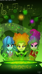 Size: 1300x2250 | Tagged: safe, artist:lennonblack, adagio dazzle, aria blaze, sonata dusk, siren, equestria girls, alternate hairstyle, cauldron, clothes, female, halloween, happy nightmare night, hocus pocus, holiday, music notes, the dazzlings