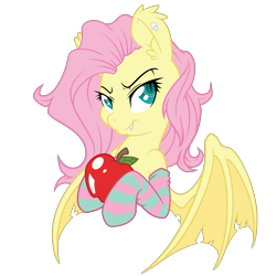 Size: 3000x3000 | Tagged: safe, artist:dfectivedvice, artist:fluttershyelsa, color edit, edit, fluttershy, bat pony, pony, apple, clothes, colored, flutterbat, food, race swap, simple background, socks, solo, spread wings, striped socks, transparent background