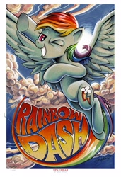 Size: 2600x3800 | Tagged: safe, artist:andypriceart, derpibooru import, idw, rainbow dash, pegasus, pony, female, flying, mare, name, one eye closed, solo, sun, wink