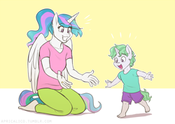 Size: 4092x2893 | Tagged: safe, artist:feellikeaplat, princess celestia, oc, oc:beacon, alicorn, anthro, plantigrade anthro, unicorn, alternate hairstyle, anthro oc, barefoot, casual clothing, clothes, feet, female, male, mare, momlestia, mother and child, mother and son, offspring, pants, parent and child, parent:oc:rally flag, parent:princess celestia, parents:canon x oc, parents:rallylestia, ring, shirt, shorts, t-shirt, wedding ring