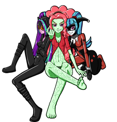 Size: 2872x3000 | Tagged: safe, artist:artemis-polara, adagio dazzle, aria blaze, sonata dusk, equestria girls, rainbow rocks, barefoot, beckoning, belly button, boots, catsuit, catwoman, clothes, costume, crossed arms, feet, female, goggles, halloween, halloween costume, harley quinn, holiday, latex, looking at you, mask, poison ivy, shoes, simple background, sitting, smiling, soles, the dazzlings, toes, transparent background