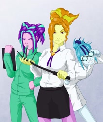 Size: 2285x2699 | Tagged: safe, artist:villaincorner, adagio dazzle, aria blaze, sonata dusk, equestria girls, clothes, female, glasses, lab coat, side slit, skirt, smiling, teacher, the dazzlings, tracksuit