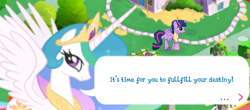 Size: 744x328 | Tagged: safe, screencap, princess celestia, twilight sparkle, twilight sparkle (alicorn), alicorn, pony, cropped, female, fulfill your destiny, gameloft, mare, smiling, smirk, spread wings, wings