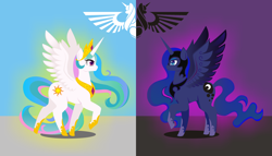 Size: 2746x1571 | Tagged: safe, artist:alpaca-pharaoh, nightmare moon, princess celestia, princess luna, alicorn, pony, aquila, crown, female, jewelry, mare, nightmare luna, regalia