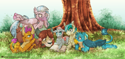 Size: 1024x488 | Tagged: safe, artist:inuhoshi-to-darkpen, derpibooru import, gallus, ocellus, sandbar, silverstream, smolder, yona, changedling, changeling, classical hippogriff, dragon, earth pony, griffon, hippogriff, pony, yak, school daze, book, compound eyes, dragoness, elements of harmony, female, male, reading, smiling, student six, teenager, tree, wallpaper, water