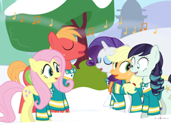 Size: 1000x735 | Tagged: safe, artist:dm29, applejack, big macintosh, coloratura, fluttershy, rarity, earth pony, pegasus, pony, unicorn, the mane attraction, advent calendar, applesass, caroling, cute, holiday horse days, jackabetes, male, ponytones, ponytones outfit, rara, rarabetes, rarasass, shyabetes, snow, stallion