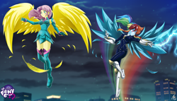 Size: 3386x1934 | Tagged: safe, artist:mauroz, derpibooru import, fluttershy, rainbow dash, saddle rager, zapp, equestria girls, armpits, clothes, digital art, female, power ponies, wings