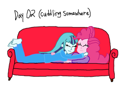 Size: 1500x1048 | Tagged: safe, artist:ktd1993, pinkie pie, sonata dusk, equestria girls, female, lesbian, pinata (ship), shipping, simple background, snuggling, sofa, transparent background