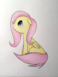 Size: 459x612 | Tagged: safe, artist:ninfialnine, fluttershy, butterfly, pegasus, pony, floppy ears, folded wings, insect on nose, looking up, profile, simple background, sitting, solo, traditional art, white background