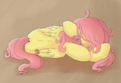 Size: 1024x701 | Tagged: safe, artist:k0lkolk0l, fluttershy, pegasus, pony, covering, covering face, female, folded wings, gradient background, lying down, mare, messy mane, prone, sad, solo