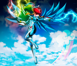 Size: 4786x4141 | Tagged: safe, alternate version, artist:mauroz, derpibooru import, rainbow dash, human, armor, clothes, cloud, digital art, female, helmet, humanized, lightning, solo, wings