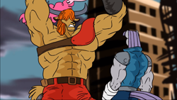 Size: 1366x768 | Tagged: safe, artist:atariboy2600, maud pie, pinkie pie, prince rutherford, anthro, yak, animated at source, armpits, hokuto no ken, kenshiro, lin, maud pump, muscles, ripped, this will end in death, this will end in pain, wip, youtube link, zeed