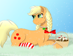 Size: 4500x3500 | Tagged: safe, artist:fia94, applejack, earth pony, pony, braid, clothes, holly, necklace, prone, snow, snowfall, socks, solo, striped socks