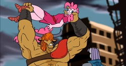 Size: 1366x722 | Tagged: safe, artist:atariboy2600, maud pie, pinkie pie, prince rutherford, anthro, yak, animated at source, armpits, hokuto no ken, kenshiro, lin, muscles, ripped, wip, youtube link, zeed