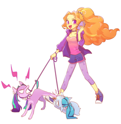 Size: 1038x1062 | Tagged: safe, artist:kkmrarar, edit, editor:jamalleymall, adagio dazzle, aria blaze, sonata dusk, dog, equestria girls, angry, biting, cellphone, choker, clothes, coat, collar, converse, cropped, dogified, fight, hairband, leash, leggings, looking away, open mouth, pants, phone, shoes, shorts, simple background, sneakers, species swap, the dazzlings, white background