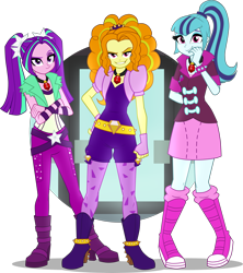 Size: 4376x4939 | Tagged: safe, artist:namygaga, adagio dazzle, aria blaze, sonata dusk, equestria girls, rainbow rocks, absurd resolution, boots, clothes, gem, grin, high heel boots, jewelry, leggings, looking at you, miniskirt, necklace, pants, pigtails, ponytail, shoes, simple background, siren gem, skirt, smiling, the dazzlings, transparent background, twintails