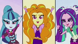 Size: 1080x608 | Tagged: safe, adagio dazzle, aria blaze, sonata dusk, equestria girls, rainbow rocks, battle of the bands, female, open mouth, singing, the dazzlings, trio, trio female