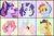 Size: 392x262 | Tagged: safe, artist:flowercatbutters, derpibooru import, applejack, fluttershy, pinkie pie, rainbow dash, rarity, twilight sparkle, twilight sparkle (alicorn), alicorn, earth pony, pegasus, pony, unicorn, alternate hairstyle, bust, chest fluff, coat markings, curved horn, ear piercing, earring, eye clipping through hair, eye scar, female, hair over one eye, horn, jewelry, looking at you, mane six, mare, piercing, pixel art, redesign, scar, smiling