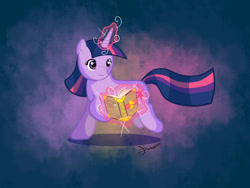 Size: 960x720 | Tagged: safe, artist:dashermkii, derpibooru import, twilight sparkle, pony, unicorn, book, levitation, magic, solo, telekinesis