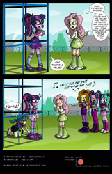 Size: 900x1397 | Tagged: safe, artist:niban-destikim, adagio dazzle, aria blaze, fluttershy, juniper montage, sci-twi, sonata dusk, star swirl the bearded, twilight sparkle, equestria girls, spoiler:eqg specials, assisted exposure, blushing, bully, bullying, clothes, comic, embarrassed, embarrassed underwear exposure, humiliation, nelson muntz, panties, pantsing, patreon, patreon logo, simpsons did it, the dazzlings, the simpsons, this will end in school shooting, underwear, when you see it, white underwear