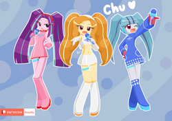 Size: 1420x1000 | Tagged: safe, artist:howxu, adagio dazzle, aria blaze, sonata dusk, equestria girls, alternate hairstyle, belly button, boots, clothes, female, looking at you, microphone, midriff, one eye closed, pigtails, shoes, singing, smiling, snaggletooth, space channel 5, the dazzlings, twintails