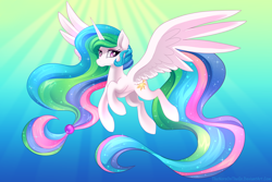 Size: 6000x4000 | Tagged: safe, artist:thenornonthego, princess celestia, alicorn, pony, female, flying, horn, looking at you, mare, princess, smiling, solo, wings