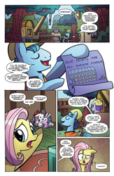 Size: 994x1528 | Tagged: safe, artist:agnesgarbowska, idw, angel bunny, fluttershy, bird, earth pony, pegasus, pony, rabbit, squirrel, spoiler:comic, spoiler:comic47, animal, blueprint, comic, female, fluttershy's cottage, male, mare, official comic, preview, speech bubble, stallion, whimpering