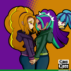 Size: 1500x1500 | Tagged: safe, artist:caoscore, adagio dazzle, aria blaze, sonata dusk, equestria girls, adaria, clothes, female, food, holding hands, human coloration, lesbian, patreon, patreon logo, shipping, smiling, taco, the dazzlings, watermark