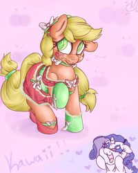 Size: 1280x1600 | Tagged: safe, artist:aquaticsun, applejack, rarity, earth pony, pony, unicorn, blushing, clothes, dress, embarrassed, female, floppy ears, glasses, lesbian, raised hoof, rarijack, shipping