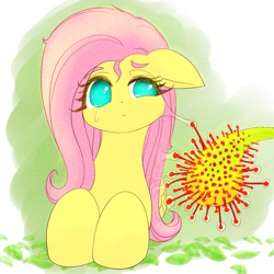 Size: 1791x1791 | Tagged: safe, artist:sigpi, fluttershy, pegasus, pony, bust, carnivorous plant, female, floppy ears, glue, looking sideways, mare, pixiv, portrait, solo, sundew