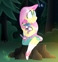 Size: 2140x2300 | Tagged: safe, artist:siggie740, fluttershy, spike, spike the regular dog, dog, equestria girls, legend of everfree, clothes, hat, hug, moon, scared, shorts, sitting, stars, tree, tree stump