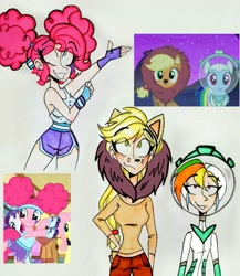 Size: 2857x3288 | Tagged: safe, artist:citi, derpibooru import, screencap, applejack, pinkie pie, rainbow dash, human, scare master, alternate hairstyle, animal costume, applelion, armpits, astrodash, clothes, costume, humanized, pinkie puffs, scene interpretation, screencap reference, sleeveless, smoldash, traditional art