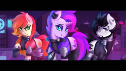 Size: 3840x2160 | Tagged: safe, artist:ciderpunk, derpibooru import, oc, oc only, oc:blackout, oc:sunset neon, oc:synthwave, earth pony, pony, unicorn, clothes, cyberpunk, facial hair, female, goatee, looking at you, male, mare, raised hoof, smiling, stallion, synthwave, wallpaper, widescreen