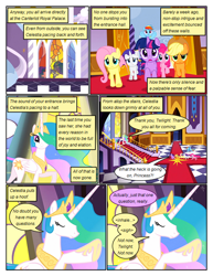 Size: 612x792 | Tagged: safe, artist:newbiespud, derpibooru import, edit, edited screencap, screencap, applejack, fluttershy, pinkie pie, rainbow dash, rarity, twilight sparkle, unicorn twilight, alicorn, earth pony, pegasus, pony, unicorn, comic:friendship is dragons, the return of harmony, big crown thingy, comic, dialogue, ethereal mane, eyes closed, female, flying, frown, hat, hoof shoes, jewelry, mane six, mare, raised hoof, regalia, running, screencap comic, sigh, worried