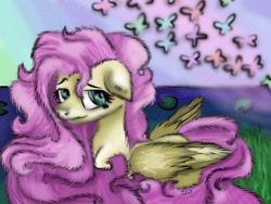 Size: 1024x768 | Tagged: safe, artist:neonspirit17, fluttershy, butterfly, pegasus, pony, fluffy, lake, solo, water