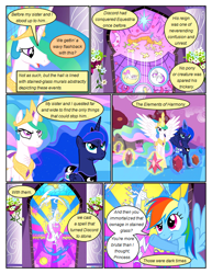Size: 612x792 | Tagged: safe, artist:newbiespud, derpibooru import, edit, edited screencap, screencap, discord, princess celestia, princess luna, rainbow dash, alicorn, draconequus, pegasus, pony, comic:friendship is dragons, princess twilight sparkle (episode), the return of harmony, big crown thingy, comic, dialogue, elements of harmony, ethereal mane, female, flower, frown, glare, glowing horn, grin, hoof shoes, horn, injured, jewelry, looking up, magic, mare, marionette, peytral, regalia, screencap comic, smiling, spread wings, stained glass, starry mane, telekinesis, wings
