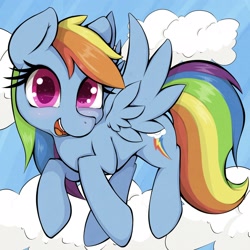Size: 2048x2048 | Tagged: safe, artist:zokkili, derpibooru import, rainbow dash, pegasus, pony, blushing, cloud, cute, dashabetes, female, flying, high res, looking at you, mare, sky, smiling, solo, spread wings, wings