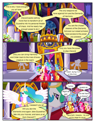 Size: 612x792 | Tagged: safe, artist:newbiespud, derpibooru import, edit, edited screencap, screencap, applejack, fluttershy, pinkie pie, rainbow dash, rarity, twilight sparkle, unicorn twilight, alicorn, earth pony, pegasus, pony, unicorn, comic:friendship is dragons, the return of harmony, ..., big crown thingy, comic, dialogue, ethereal mane, female, flying, freckles, hat, jewelry, mane six, mare, raised hoof, regalia, screencap comic, spread wings, statue, wings, worried