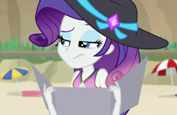 Size: 1109x720 | Tagged: safe, screencap, rarity, better together, equestria girls, forgotten friendship, annoyed, clothes, female, hat, lidded eyes, solo, swimsuit, tanning mirror, umbrella