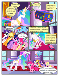 Size: 612x792 | Tagged: safe, artist:newbiespud, derpibooru import, edit, edited screencap, screencap, applejack, fluttershy, pinkie pie, princess celestia, rainbow dash, rarity, twilight sparkle, unicorn twilight, alicorn, earth pony, pegasus, pony, unicorn, comic:friendship is dragons, the return of harmony, big crown thingy, box, chest, comic, dialogue, ethereal mane, eyes closed, female, flying, freckles, hat, jewelry, looking down, looking up, mane six, mare, peytral, raised hoof, regalia, screencap comic, shocked, smiling