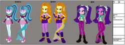 Size: 5211x1881 | Tagged: safe, artist:invisibleink, adagio dazzle, aria blaze, sonata dusk, monster girl, siren, equestria girls, alternate costumes, alternate design, belly button, claws, converse, evil, evil grin, fanfic, fanfic art, fins, fish tail, grin, midriff, monster, reference sheet, sharp teeth, shoes, show accurate, smiling, tail, teeth, the dazzlings