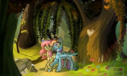 Size: 1336x800 | Tagged: safe, artist:amethesaladhair, derpibooru import, fluttershy, rainbow dash, pegasus, pony, bandage, carving, dappled sunlight, female, flower, flower in hair, flutterdash, forest, goggles, holding hooves, lesbian, looking at each other, mare, scenery, shipping, tree