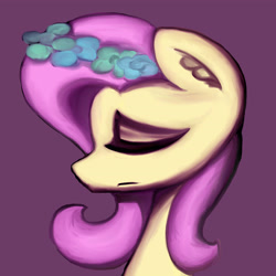 Size: 3600x3600 | Tagged: safe, artist:citizensmiley, fluttershy, pegasus, pony, bust, ear fluff, eyes closed, eyeshadow, flower, flower in hair, frown, makeup, portrait, profile, purple background, sad, simple background, solo