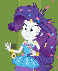 Size: 588x720 | Tagged: safe, screencap, rarity, best trends forever, best trends forever: pinkie pie, better together, equestria girls, clothes, confetti, cropped, female, geode of shielding, magical geodes, messy hair, shocked, skirt