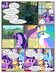 Size: 612x792 | Tagged: safe, artist:newbiespud, derpibooru import, edit, edited screencap, screencap, applejack, princess celestia, rainbow dash, rarity, twilight sparkle, unicorn twilight, alicorn, earth pony, pegasus, pony, unicorn, comic:friendship is dragons, the return of harmony, big crown thingy, castle of the royal pony sisters, comic, confused, dialogue, ethereal mane, female, flying, frown, hat, hedge maze, jewelry, mare, moss, peytral, regalia, screencap comic, worried